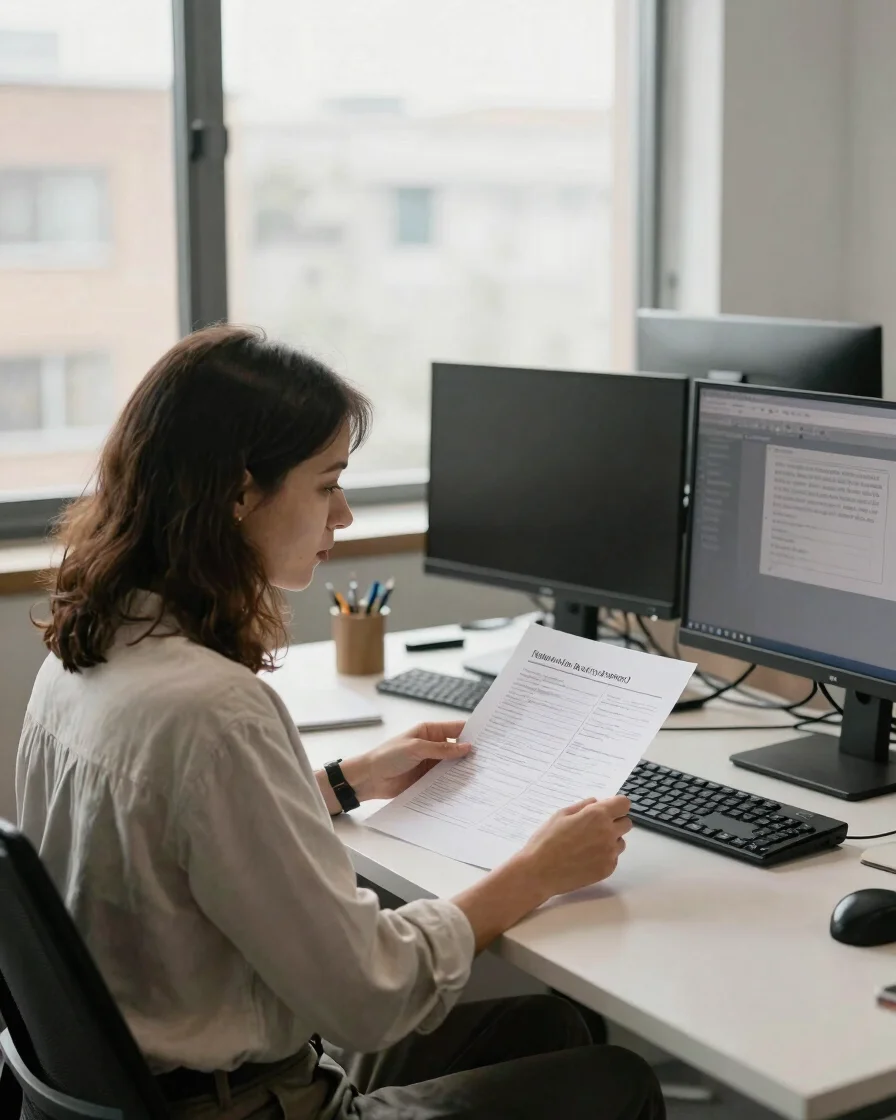 Editorial business photography, soft natural office daylight, a woman in a natural working context reviewing printed wor