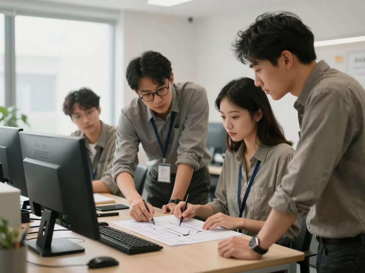 Editorial business photography: a small contractor team reviewing