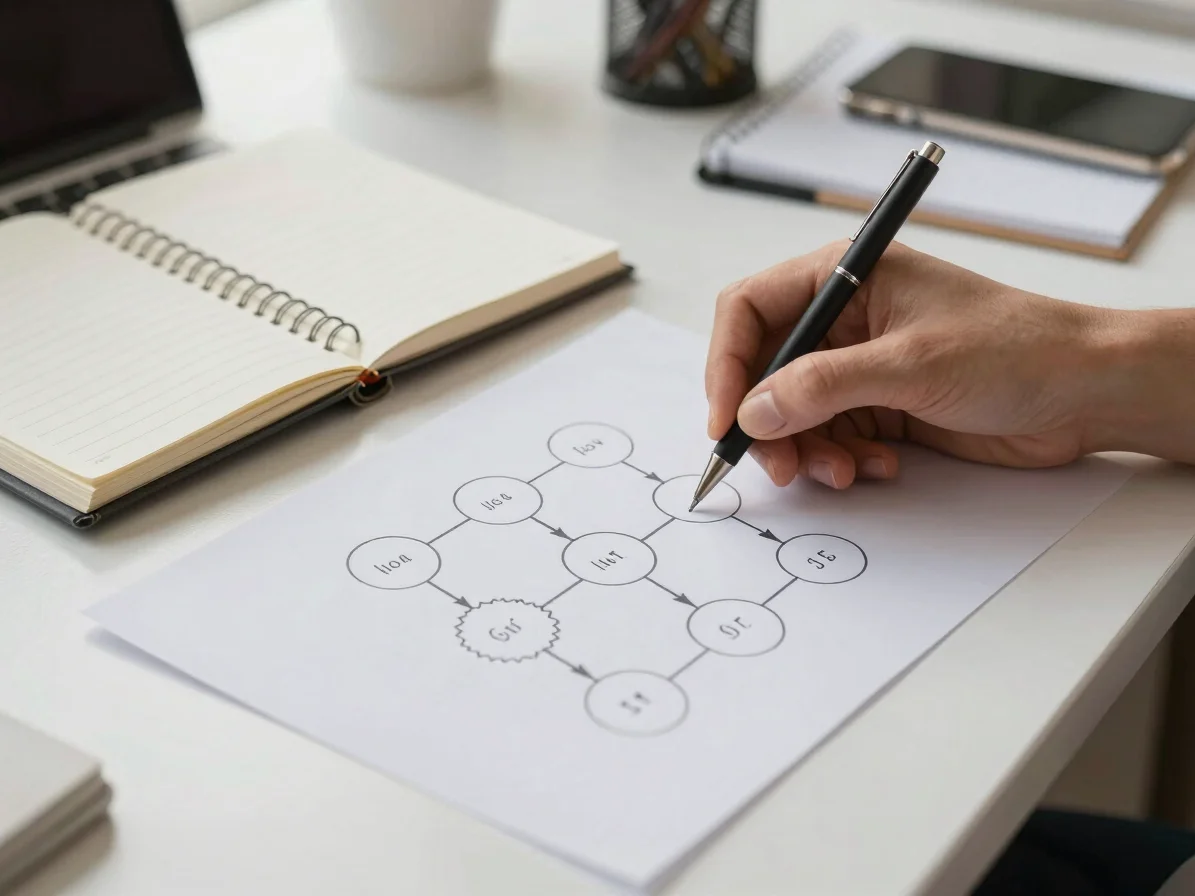 Close detail of hands arranging a simple workflow diagram on a de