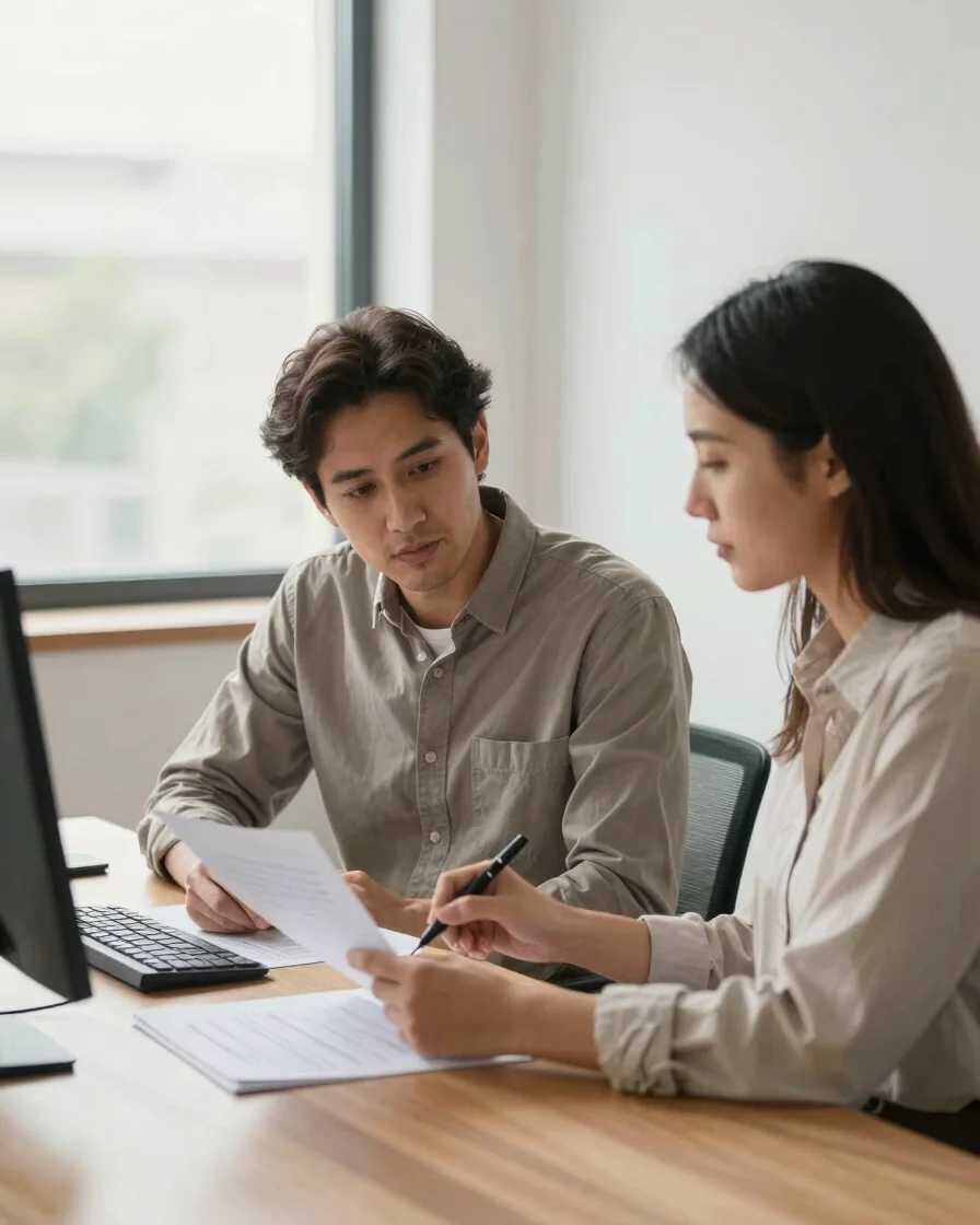 Editorial corporate photograph of two planners reviewing assessme